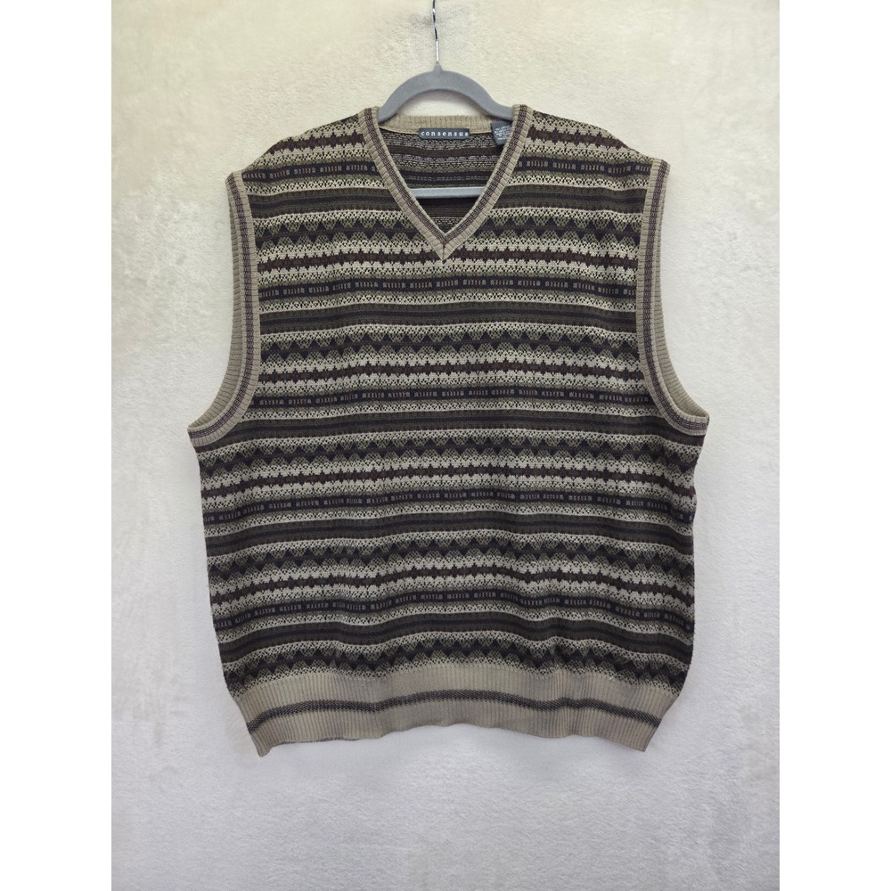 Consensus Mens XXL V-Neck Sweater Vest Merino Wool Blend Geometric Made in Italy